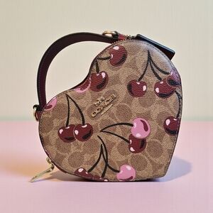 Coach Heart-Shaped Mini Bag with Cherry Print - Brown and Pink